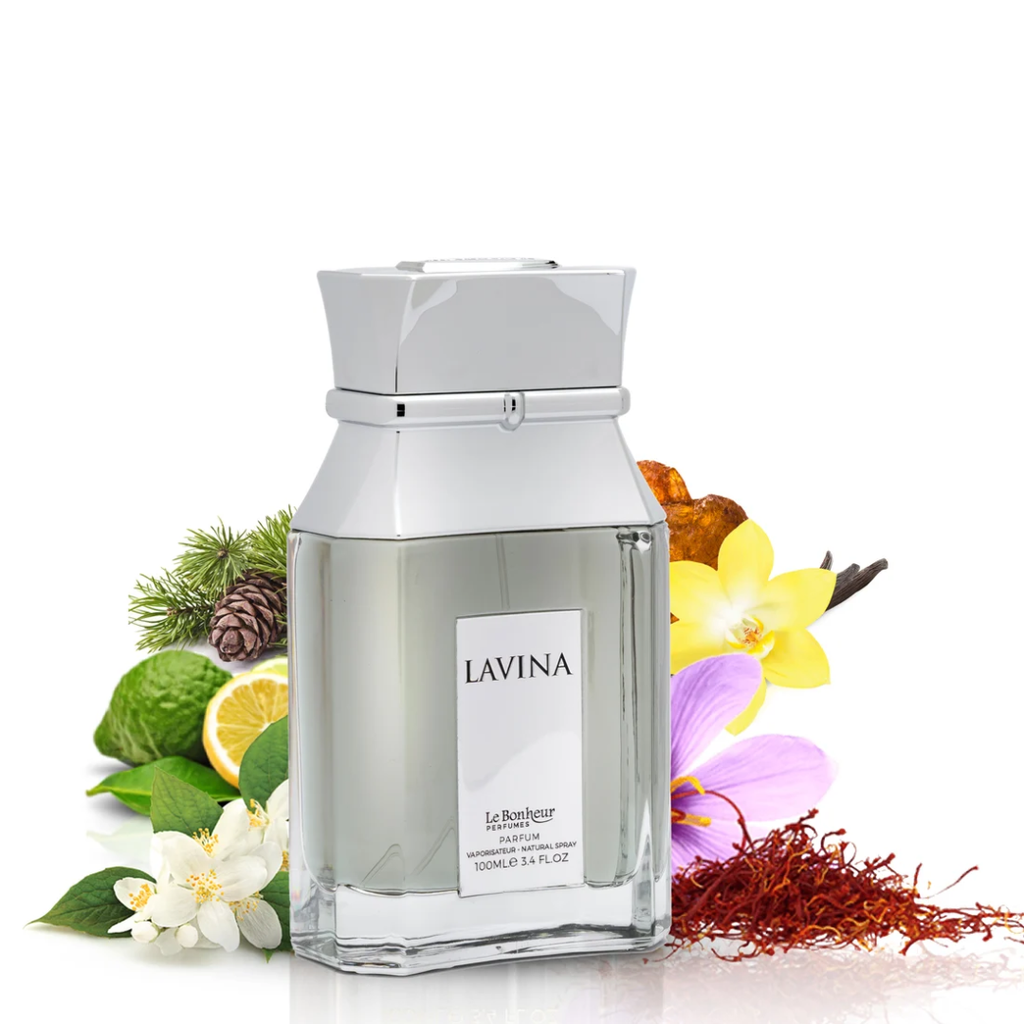 Perfume bottle labeled 'LAVINA' surrounded by flowers and plants on a white background