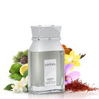 Perfume bottle labeled 'LAVINA' surrounded by flowers and plants on a white background