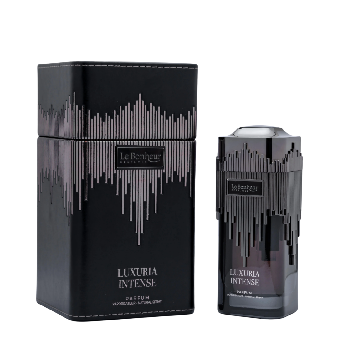 Luxuria Intense perfume bottle and packaging by Le Bonheur on a white background