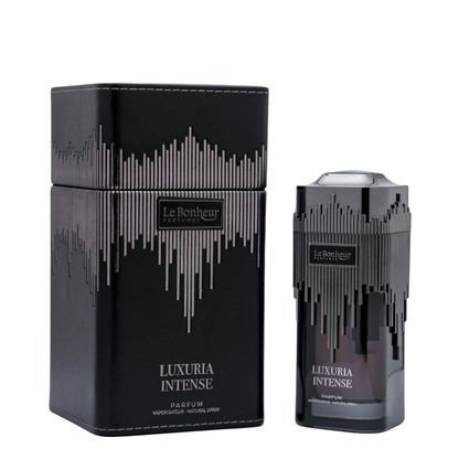 Luxuria Intense perfume bottle and packaging by Le Bonheur on a white background