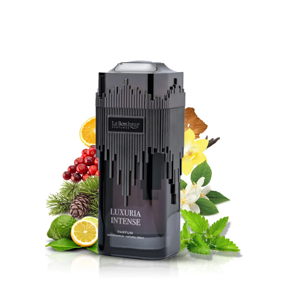 Luxuria Intense perfume bottle with floral and fruit elements on a white background