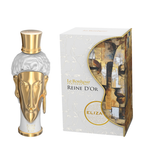 Eliza Reine D'Or perfume bottle and its packaging box. The bottle features a sculpted white head with a metallic gold face and a gold top hat cap.