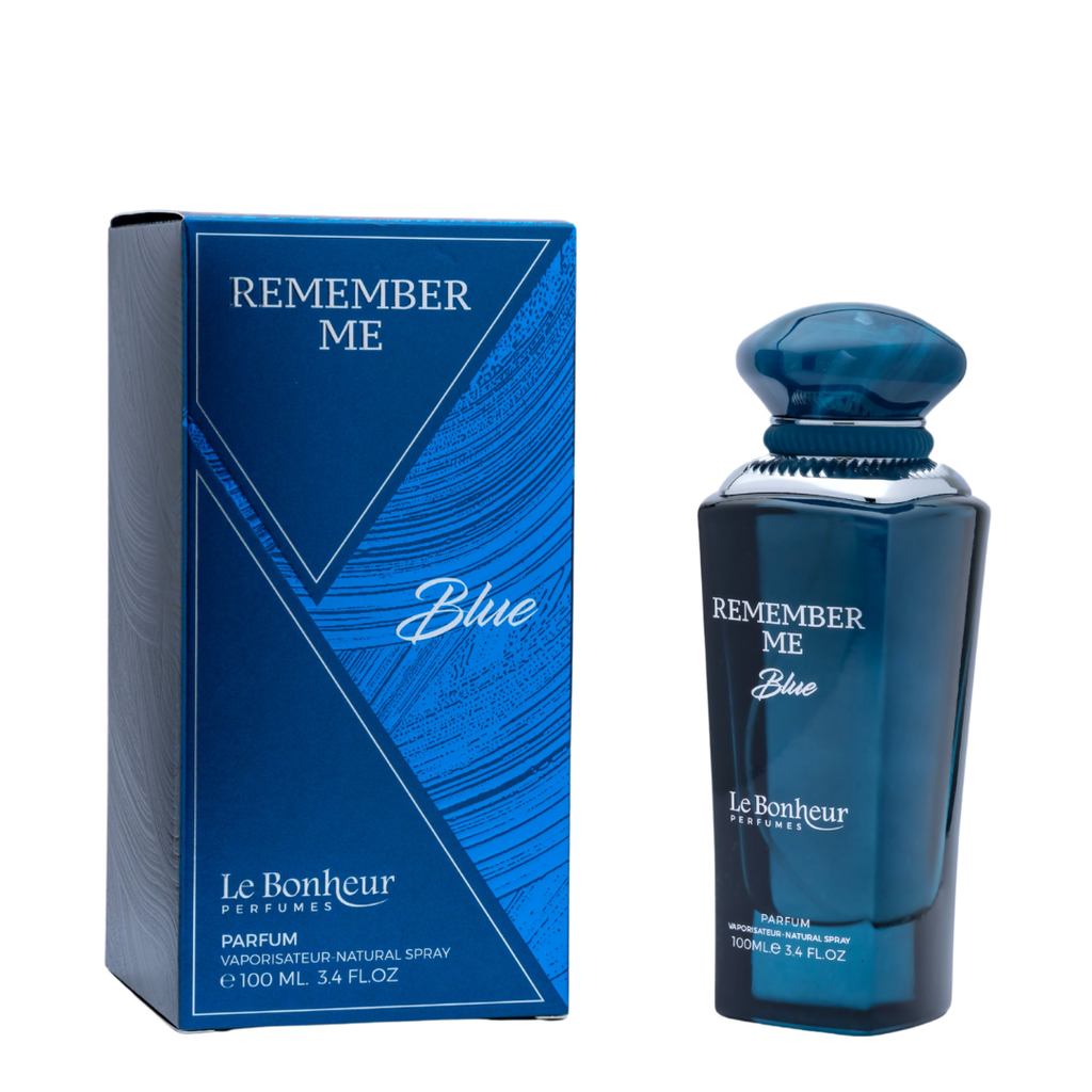 Le Bonheur Parfums Remember Me Blue Eau de Parfum bottle and its blue packaging box, displayed on a clean white background.