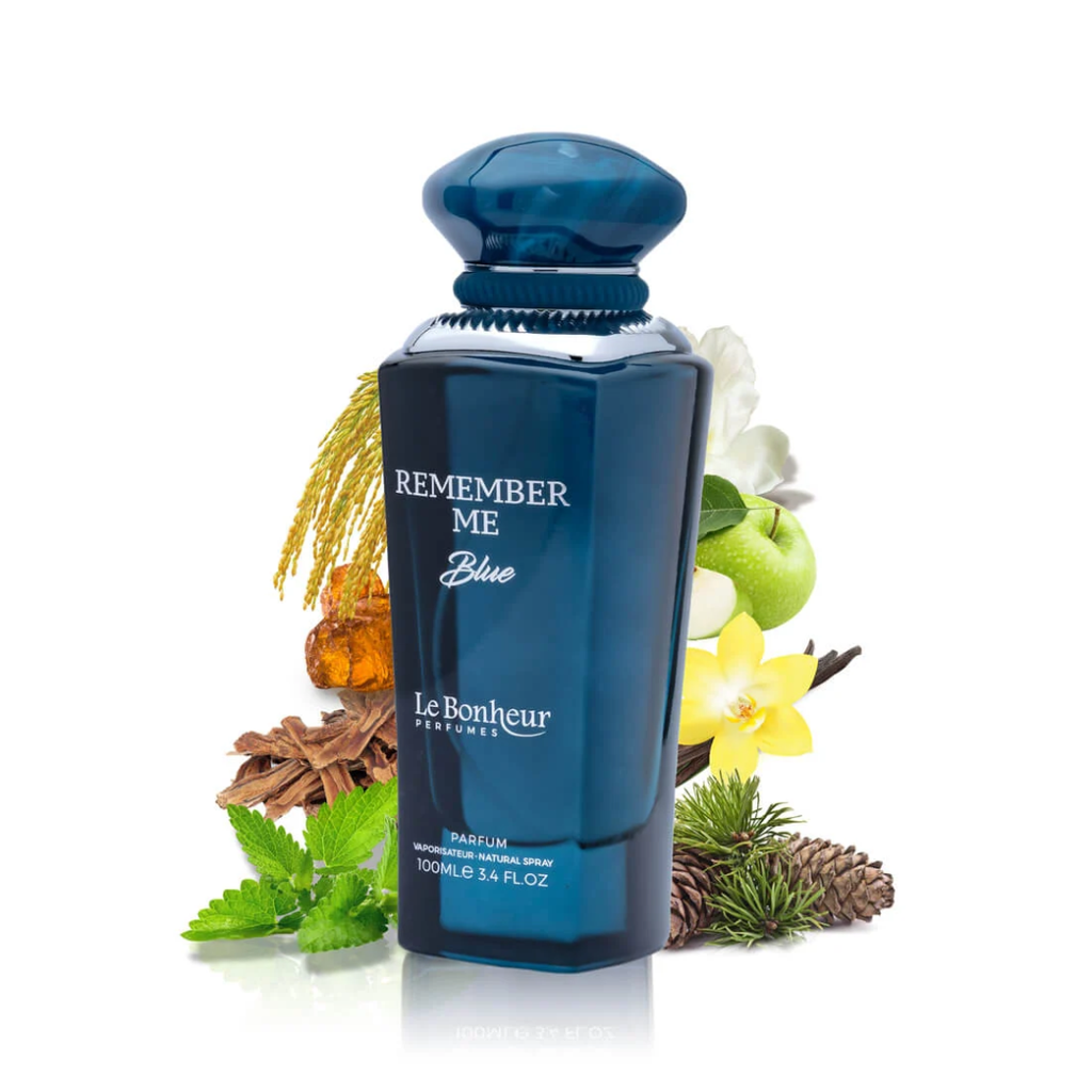 Blue perfume bottle labeled 'Remember Me Blue' by Le Bonheur with natural elements on a white background