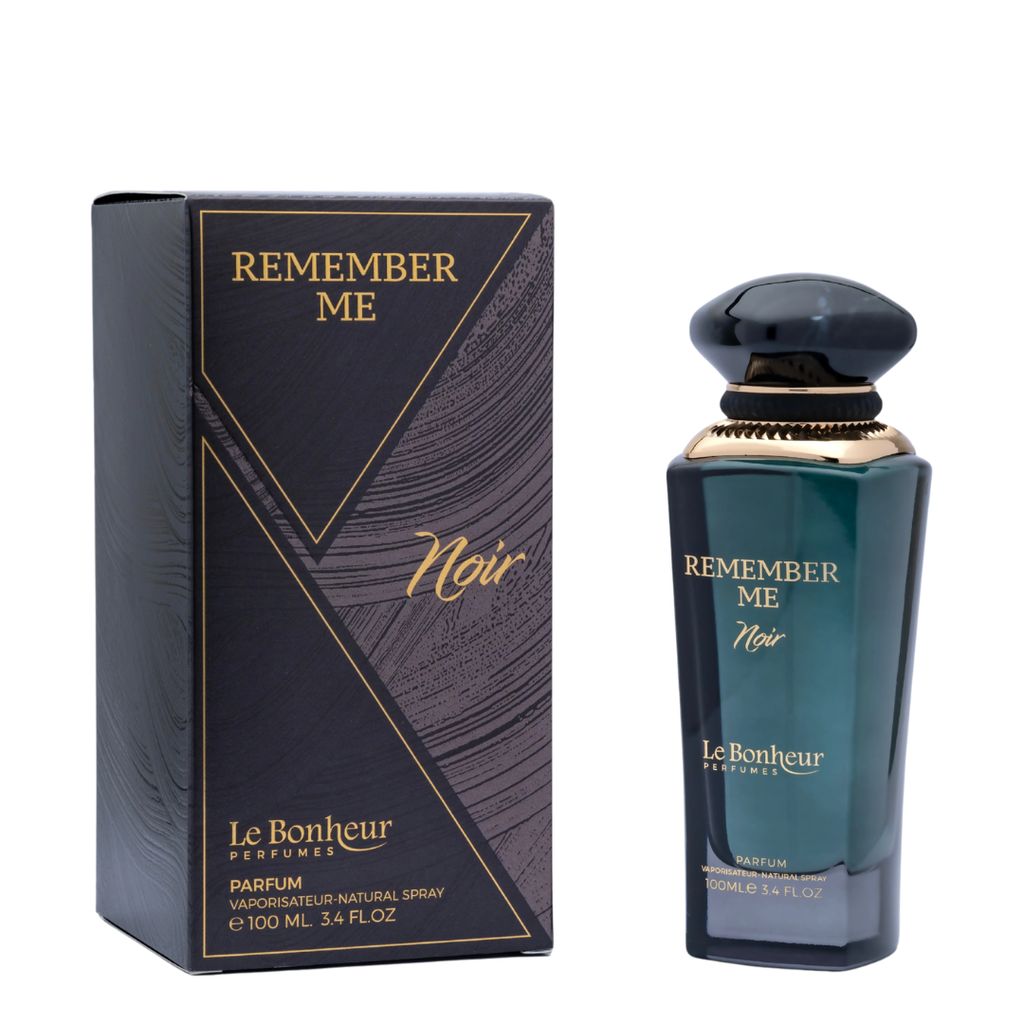 Le Bonheur Parfums Remember Me Noir perfume shown with its dark packaging box and the bottle itself on a plain white background.