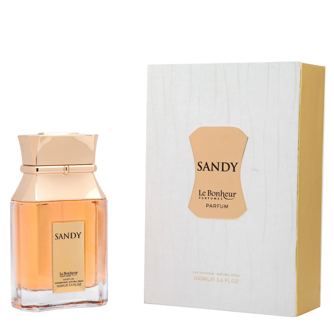 Sandy Le Bonheur Parfum perfume bottle next to its white and gold packaging box on a plain white background.