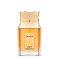 Sandy Le Bonheur Eau de Parfum natural spray bottle with a gold cap and a clear glass body showing the amber liquid inside, on a white background.