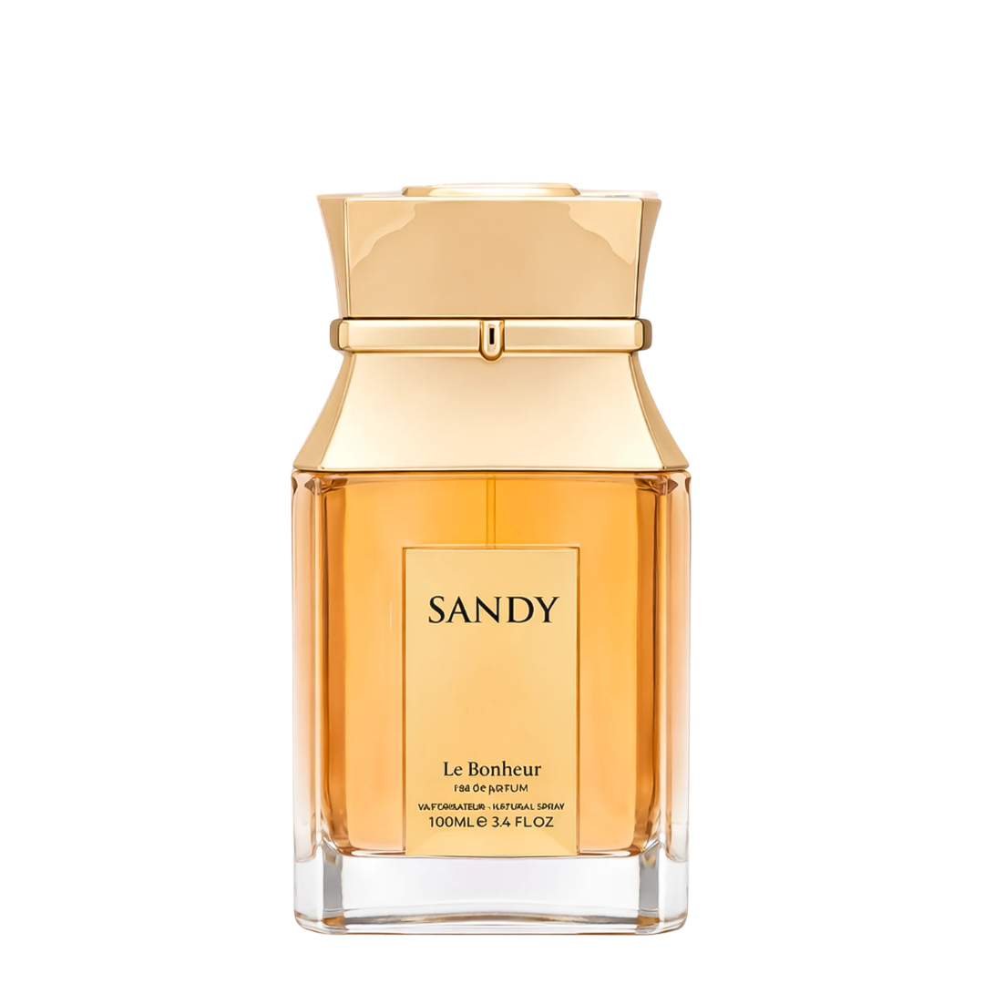 Sandy Le Bonheur Eau de Parfum natural spray bottle with a gold cap and a clear glass body showing the amber liquid inside, on a white background.