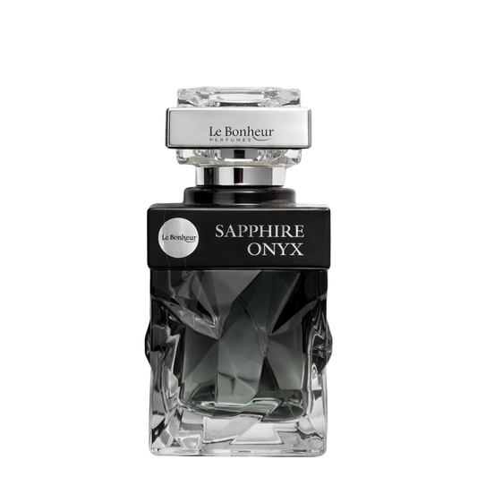 Perfume bottle labeled 'Sapphire Onyx' by Le Bonheur on a white background