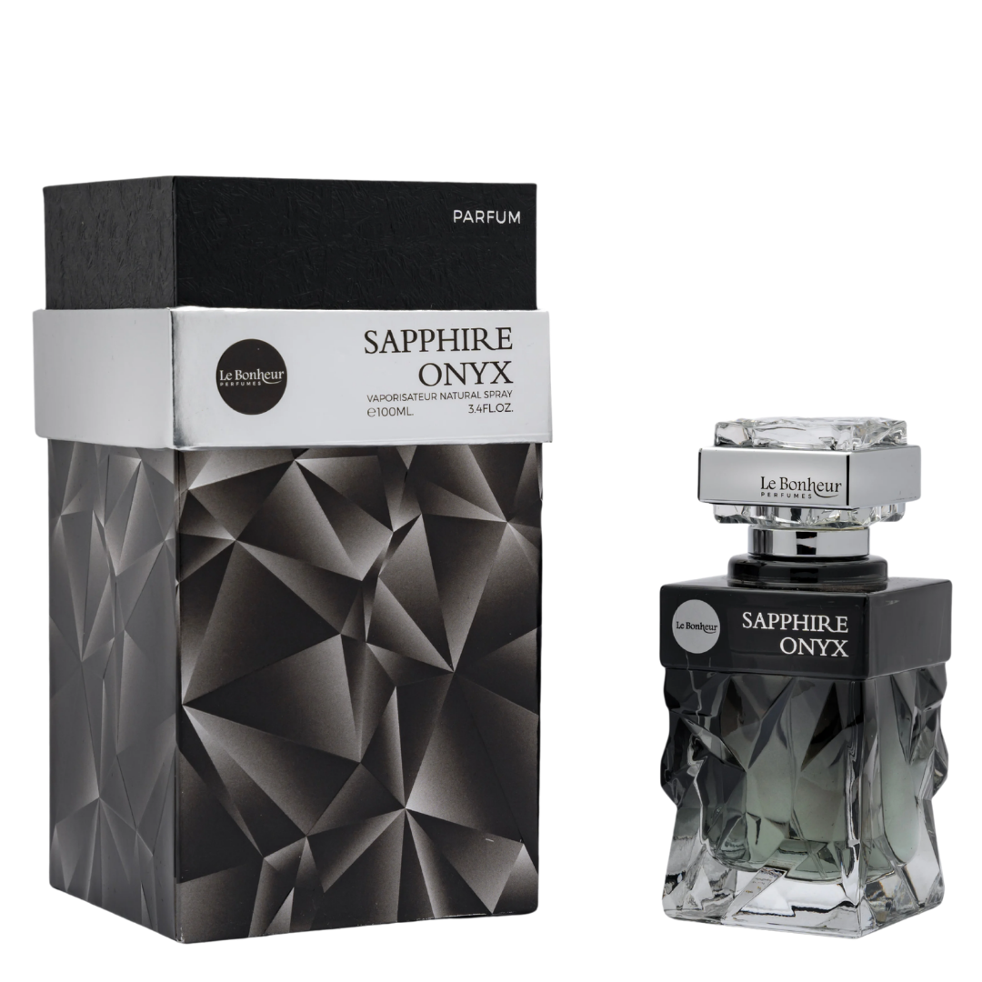 Sapphire Onyx perfume bottle and packaging on a white background