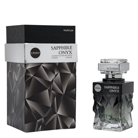 Sapphire Onyx perfume bottle and packaging on a white background