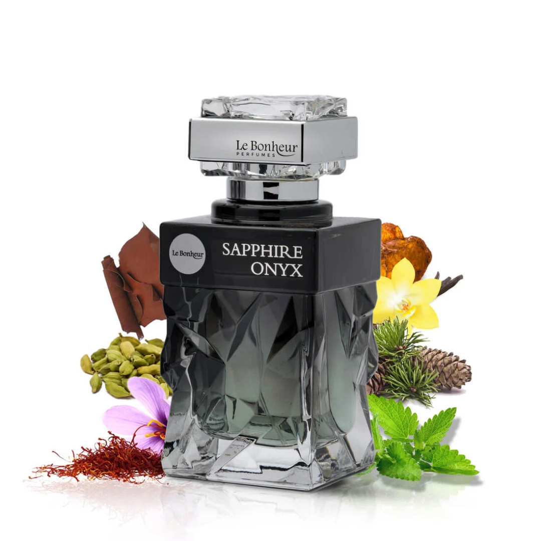 Perfume bottle labeled 'Sapphire Onyx' by Le Bonheur with natural elements on a white background
