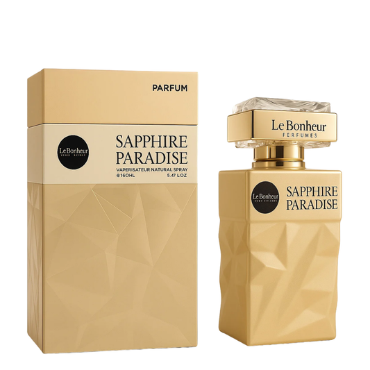 Le Bonheur Sapphire Paradise perfume bottle and packaging on a white background