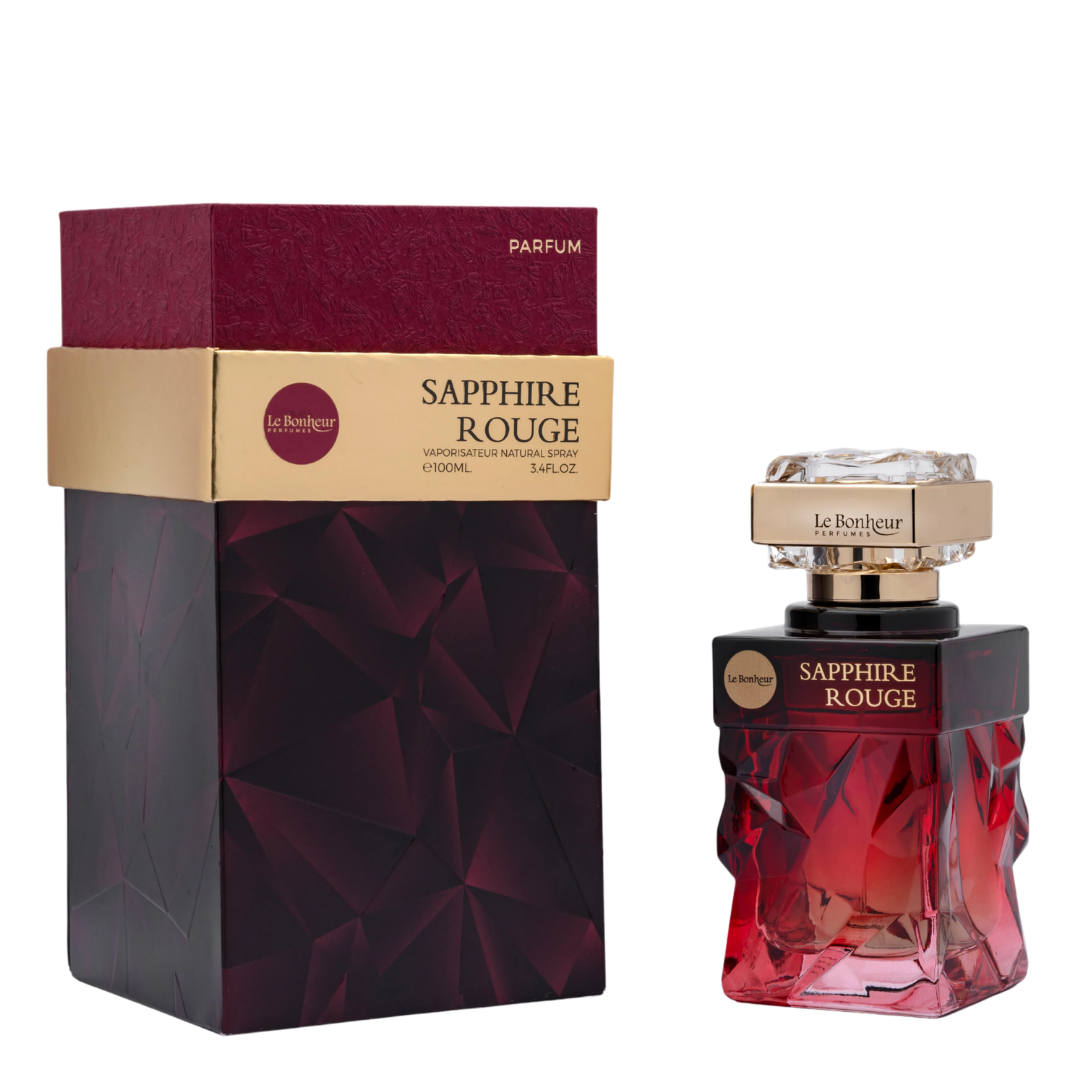 Sapphire Rouge perfume bottle and packaging on a white background