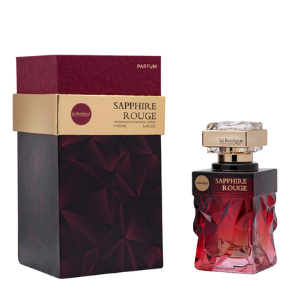 Sapphire Rouge perfume bottle and packaging on a white background