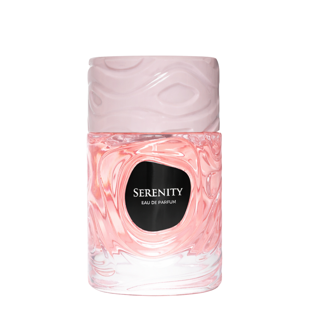Serenity Eau de Parfum bottle with pink and white marbled design on a white background
