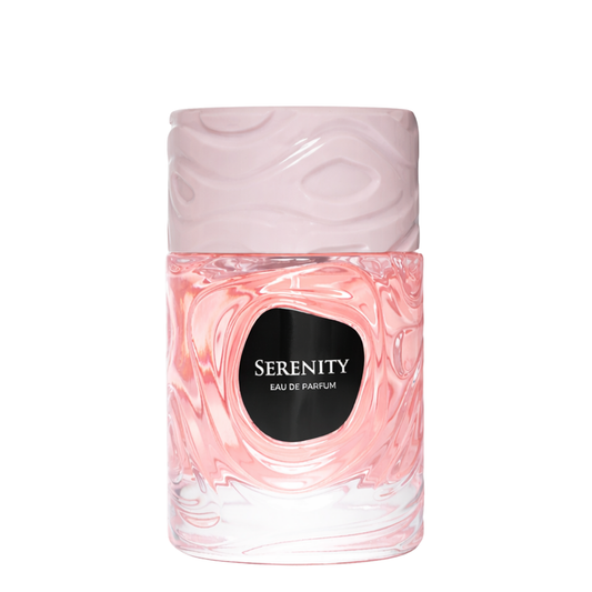 Serenity Eau de Parfum bottle with pink and white marbled design on a white background