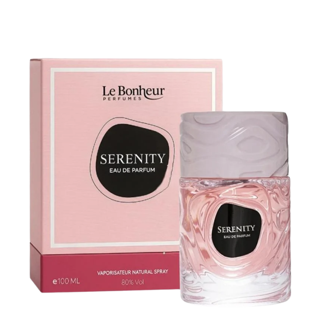 Le Bonheur Serenity Eau de Parfum bottle and packaging on a white background