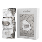 Le Bonheur Parfums So Wild Boulder Eau de Parfum, showing the stacked marble and metallic liquid bottle on the left and its textured grey packaging box on the right.