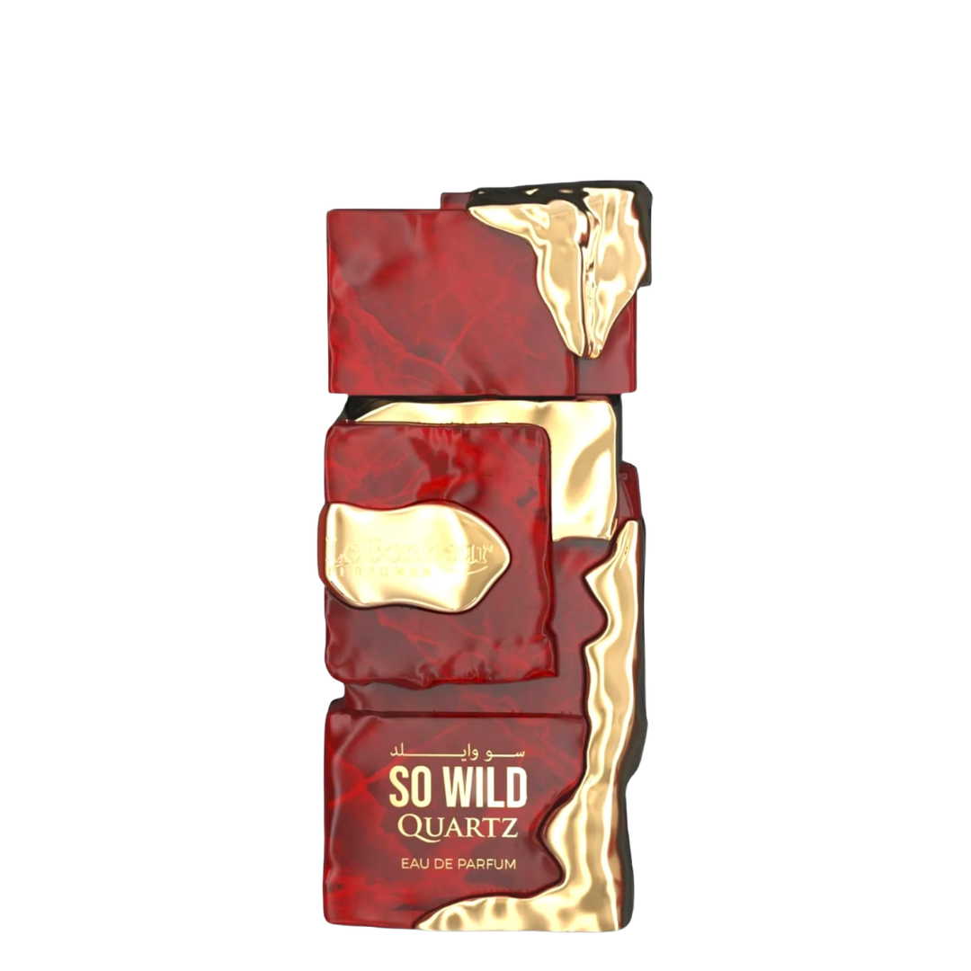 A rectangular perfume bottle with a glossy, stacked red and gold abstract design. The bottom section features the text 'by so so | SO WILD QUARTZ EAU DE PARFUM' in white and gold lettering. Le Bonheur: So Wild Quartz