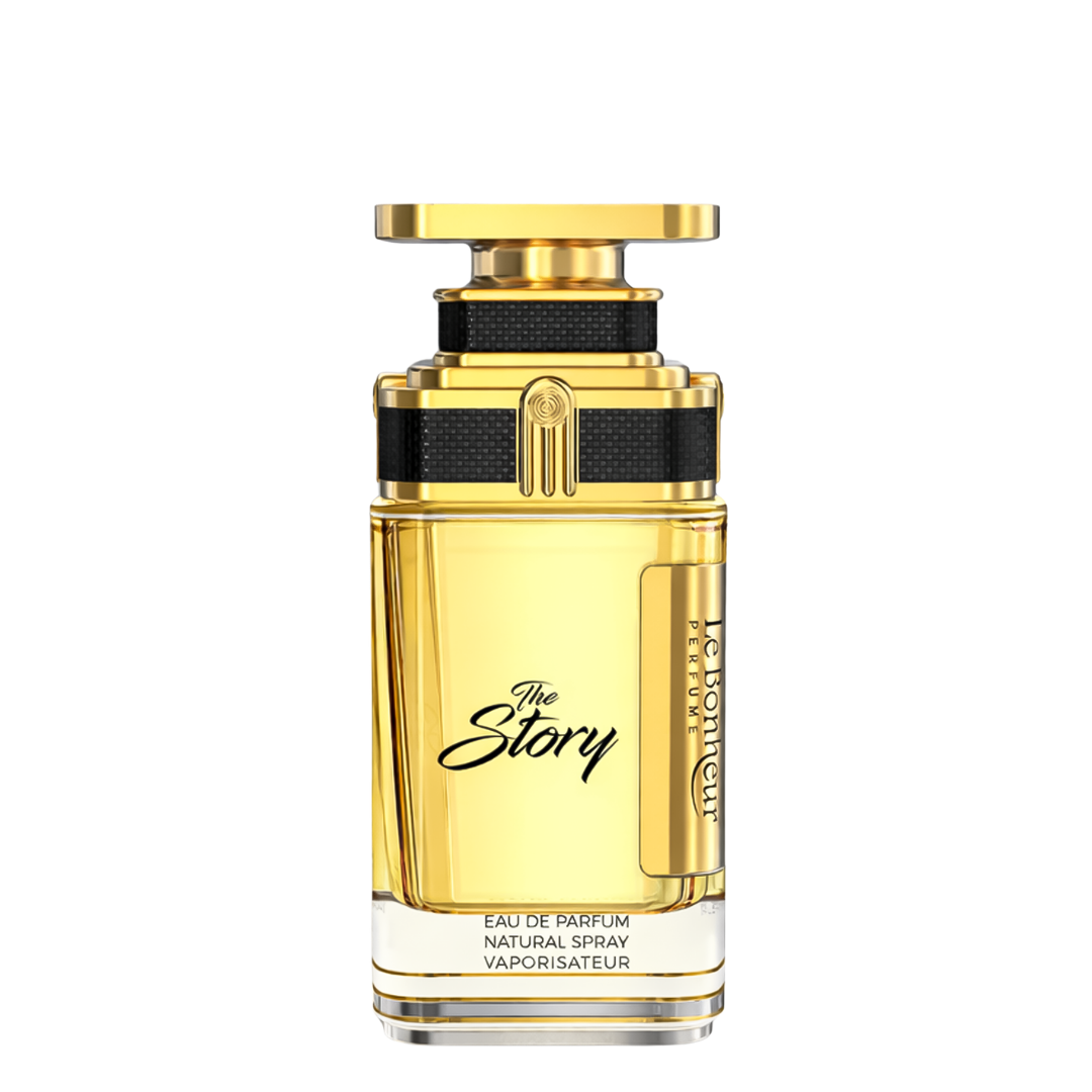 Gold and black perfume bottle labeled 'The Story' on a white background