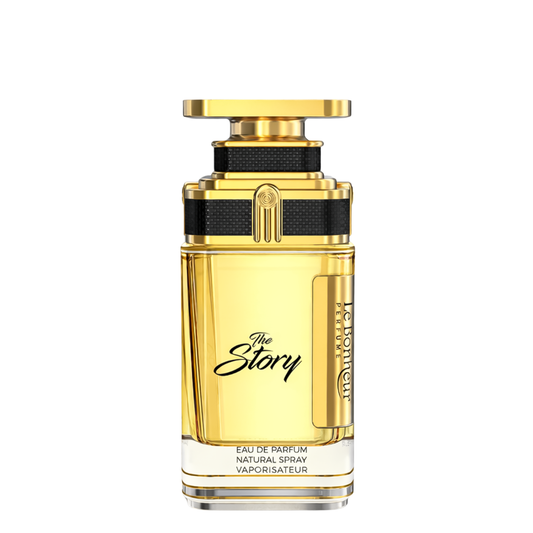 Gold and black perfume bottle labeled 'The Story' on a white background