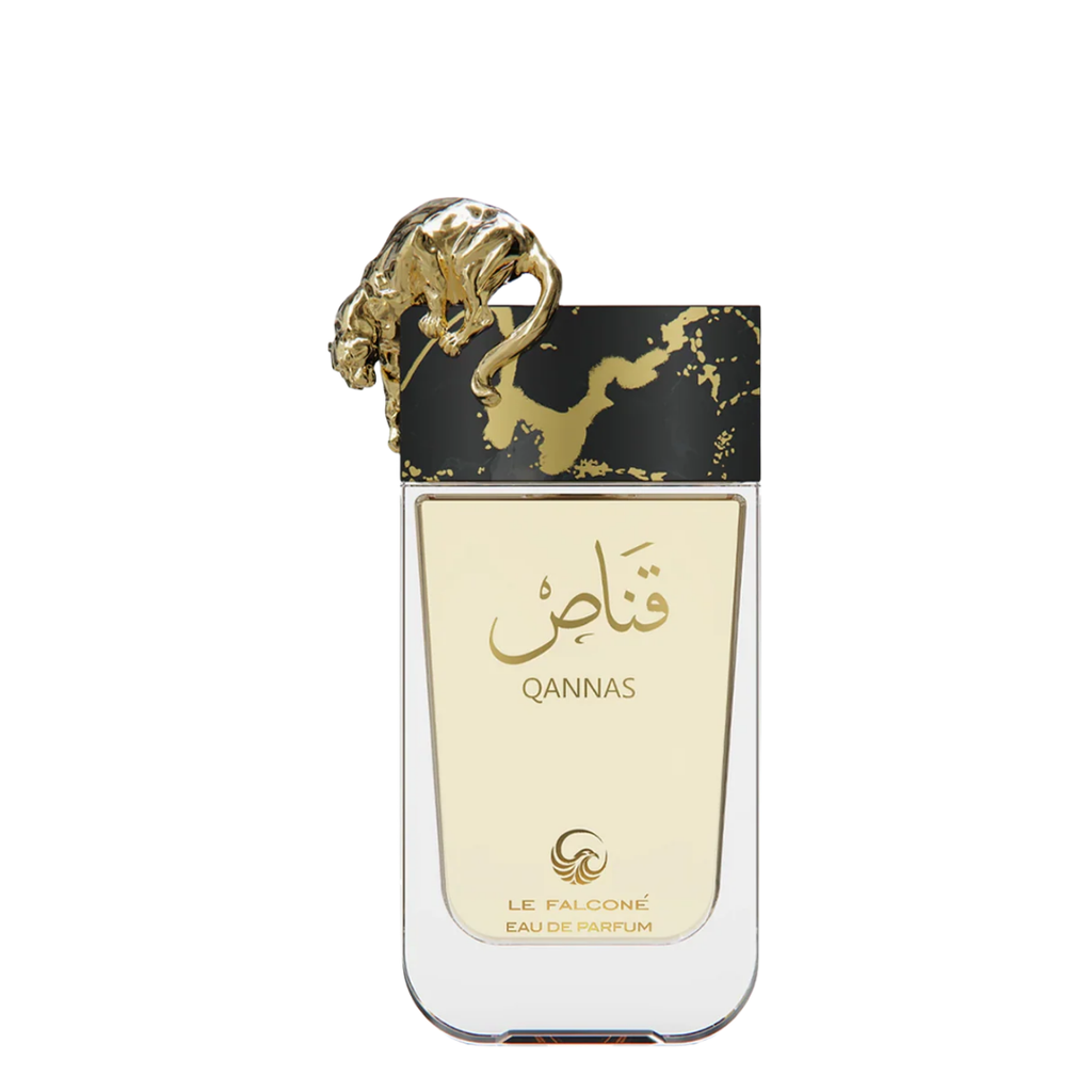 Perfume bottle with gold accents and 'Qannas' branding on a white background