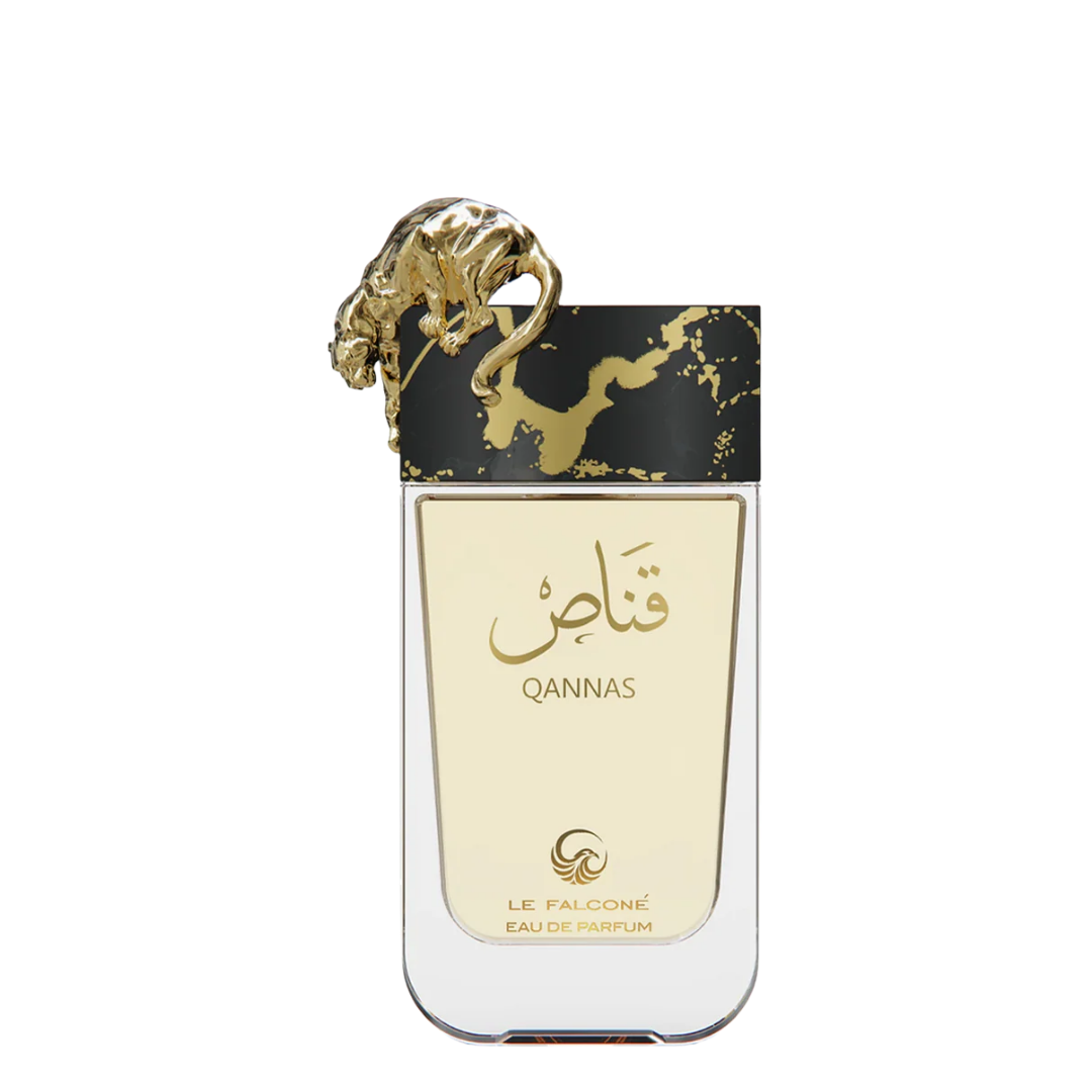 Perfume bottle with gold accents and 'Qannas' branding on a white background