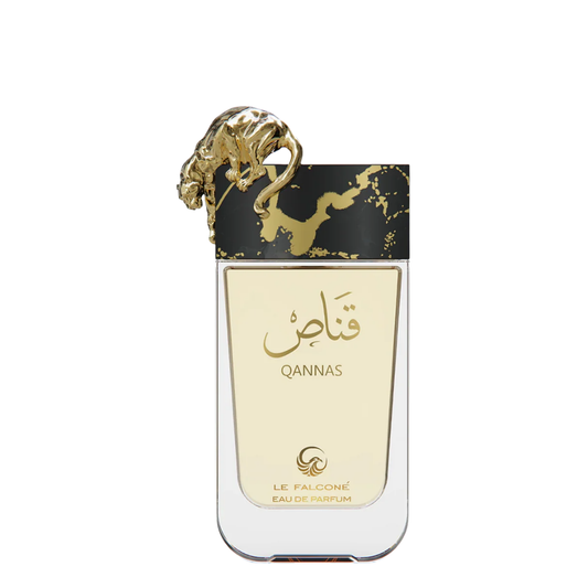 Perfume bottle with gold accents and 'Qannas' branding on a white background