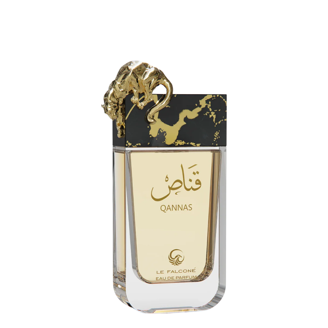 Perfume bottle with gold accents and 'QANNAS' branding on a white background