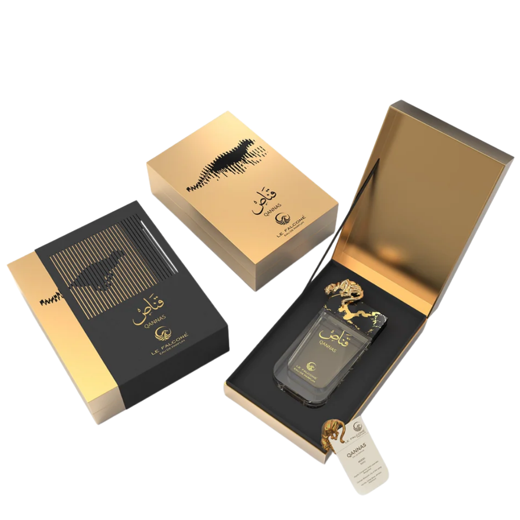 Luxury product packaging with gold and black design on a white background