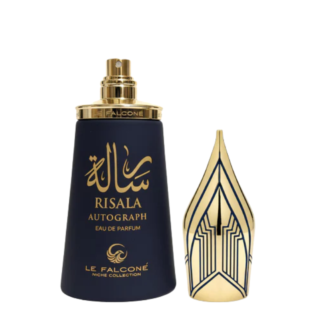 Perfume bottle labeled 'Risala Autograph' by Le Falconé on a white background