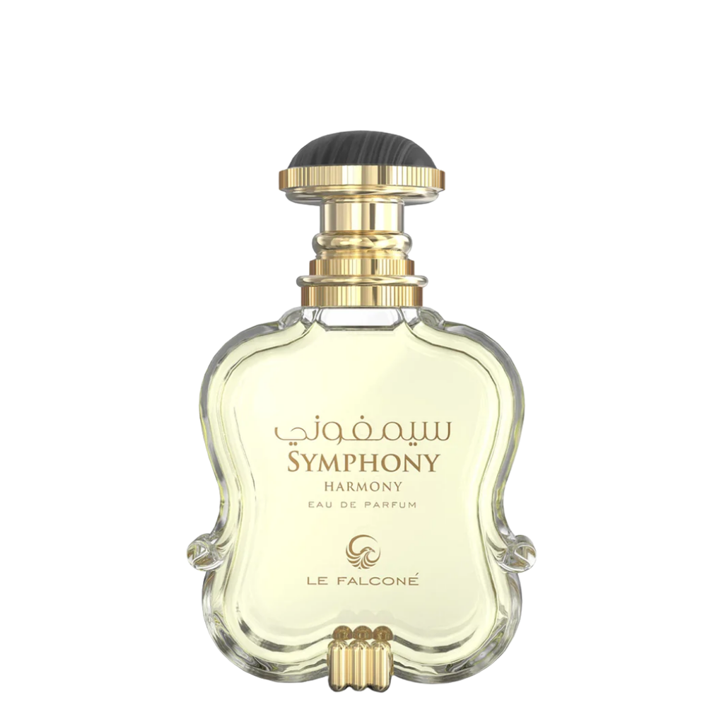 Perfume bottle labeled 'Symphony Harmony' by Le Falcone on a white background