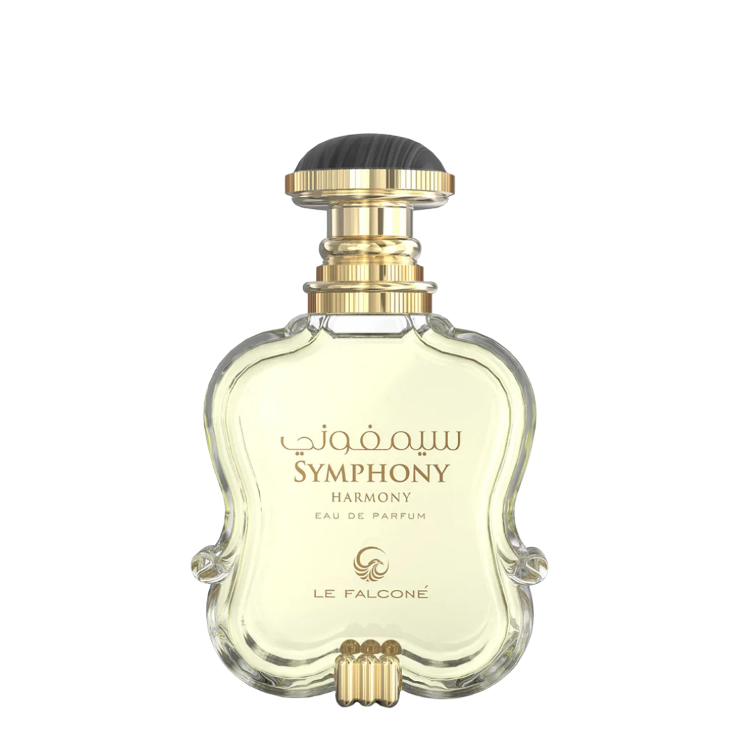 Perfume bottle labeled 'Symphony Harmony' by Le Falcone on a white background