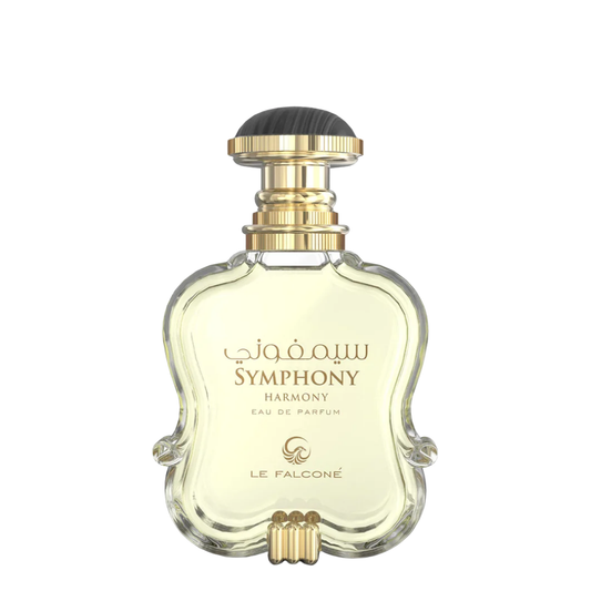 Perfume bottle labeled 'Symphony Harmony' by Le Falcone on a white background