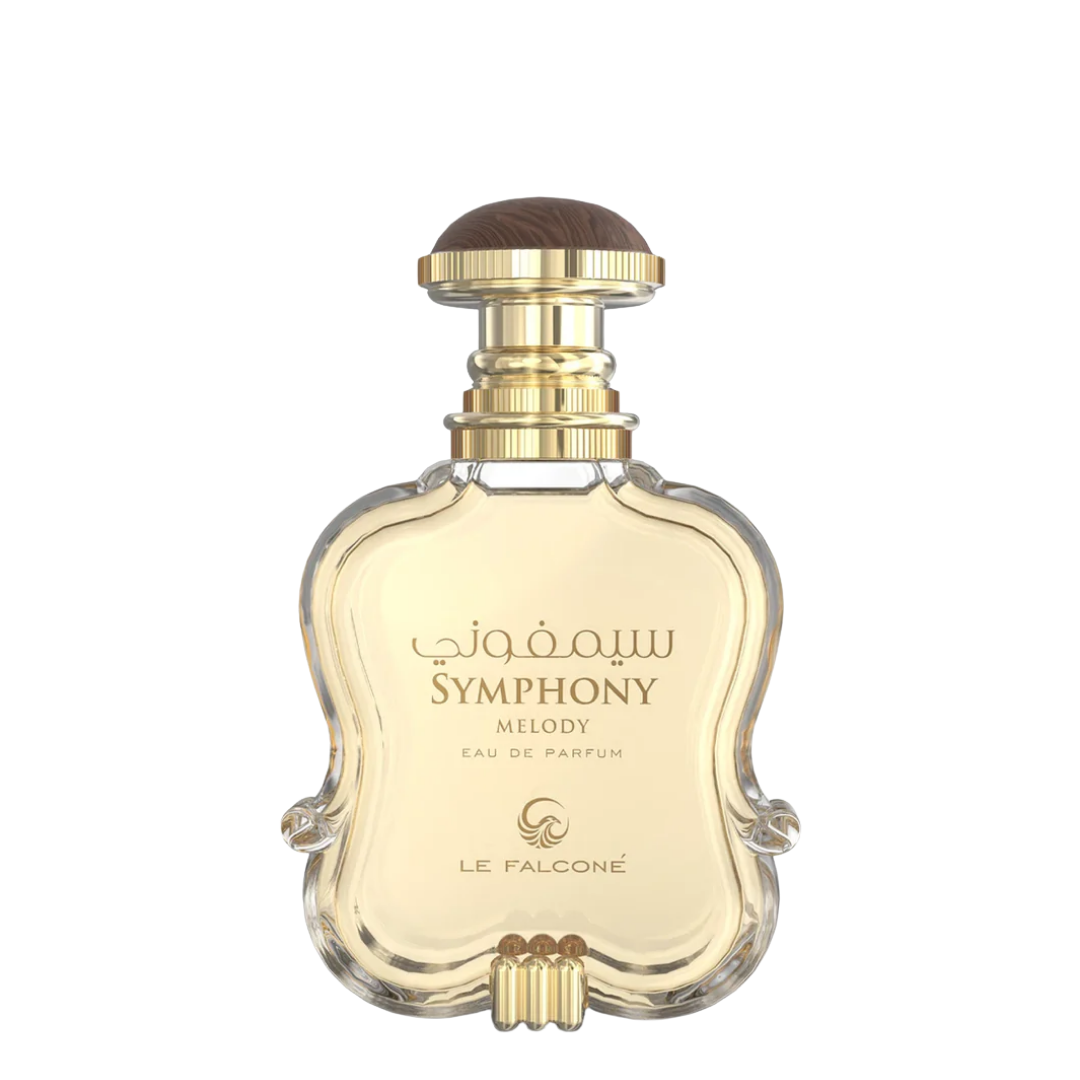 Perfume bottle labeled 'Symphony Melody' by Le Falcone on a white background