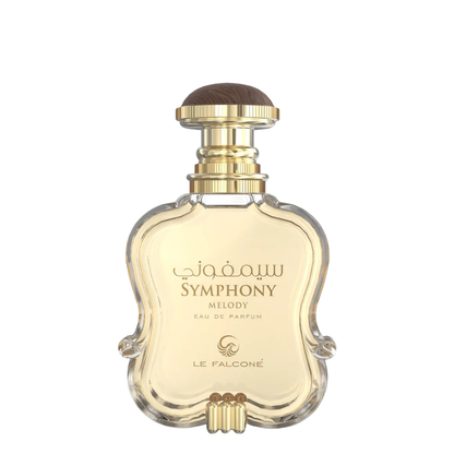 Perfume bottle labeled 'Symphony Melody' by Le Falcone on a white background