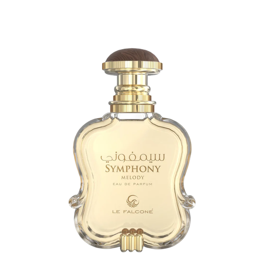 Perfume bottle labeled 'Symphony Melody' by Le Falcone on a white background
