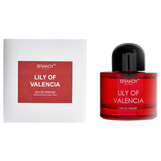 Red 'Lily of Valencia' perfume bottle with black cap and matching box on a white background