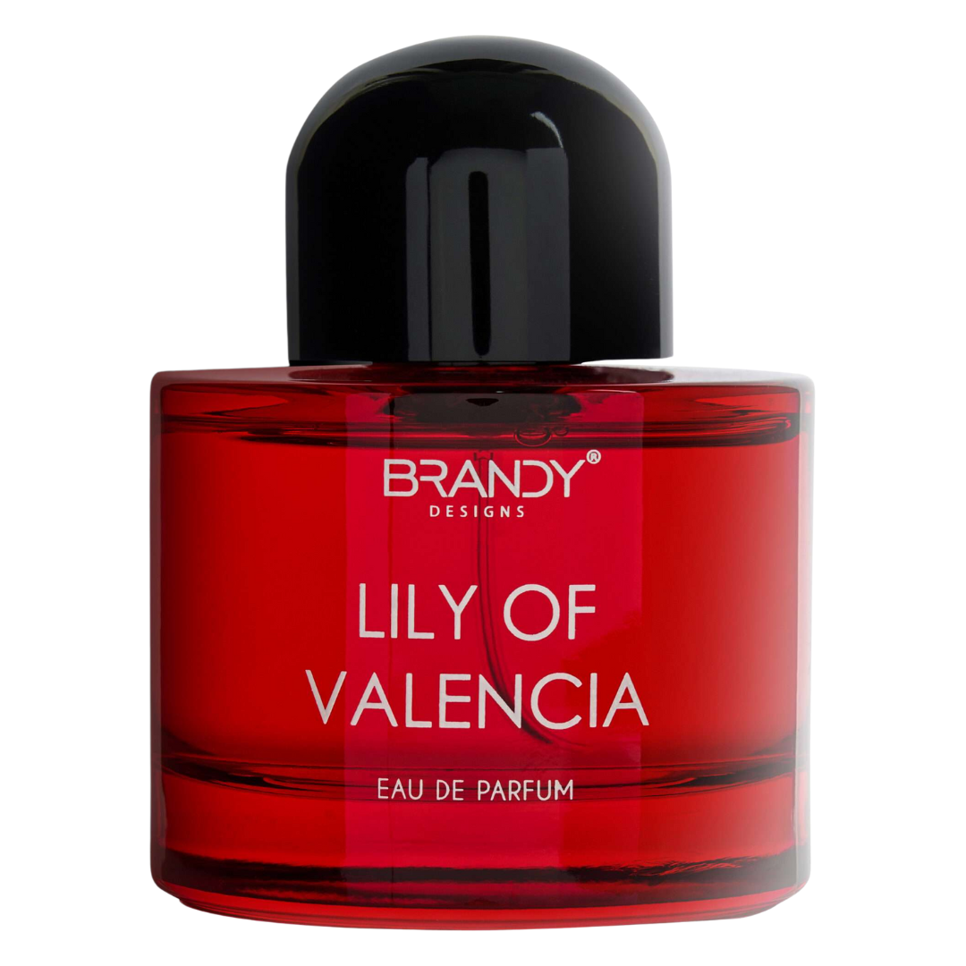 Red perfume bottle labeled 'Lily of Valencia' by Brandy Designs on a white background