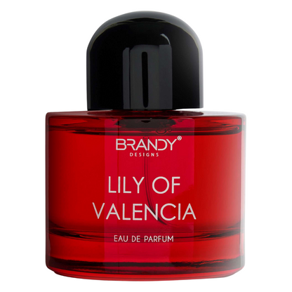 Red perfume bottle labeled 'Lily of Valencia' by Brandy Designs on a white background