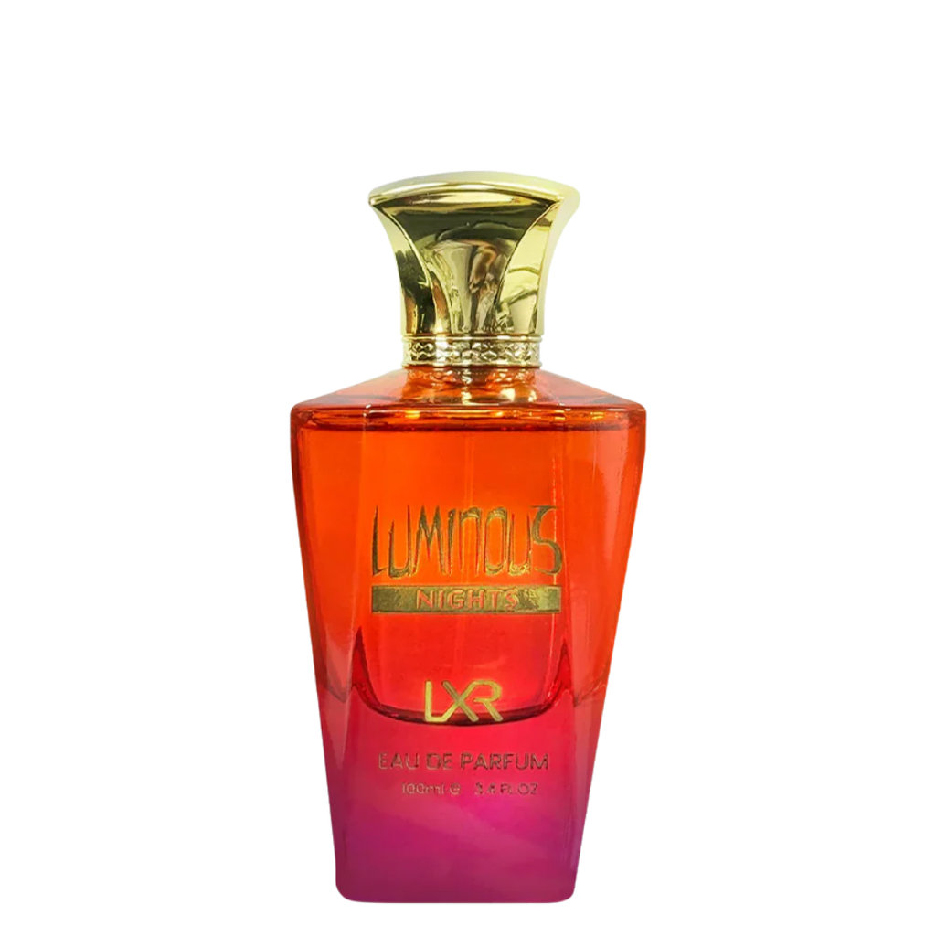 Perfume bottle with gold cap and gradient red to pink design on a white background. Luminous Night by LXR Womens Perfume