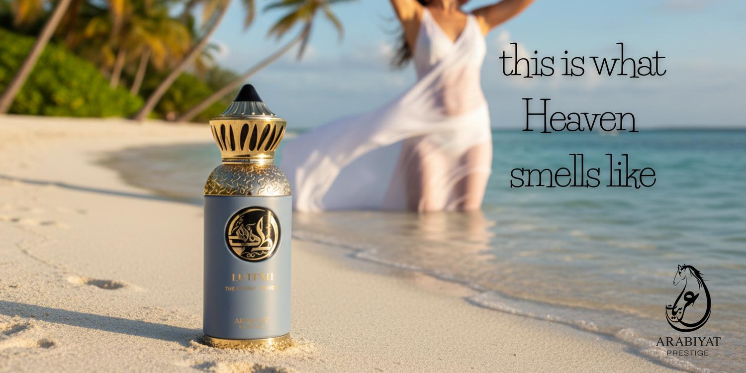 Perfume bottle on a beach with text 'this is what Heaven smells like' and brand logo.