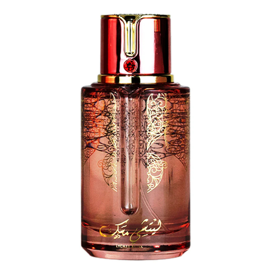 Lychee Musk Perfume by Arabiyat Prestige Eau de Parfum bottle – elegant pink glass with gold decorative patterns, premium women’s fruity and musky scent.