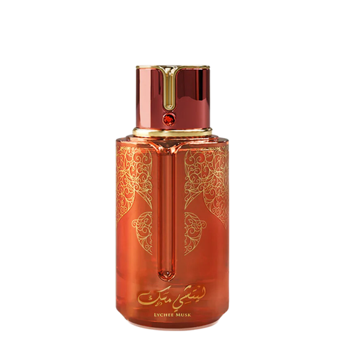 Lychee Musk Perfume by Arabiyat Prestige Eau de Parfum bottle – elegant pink glass with gold decorative patterns, premium women’s fruity and musky scent.