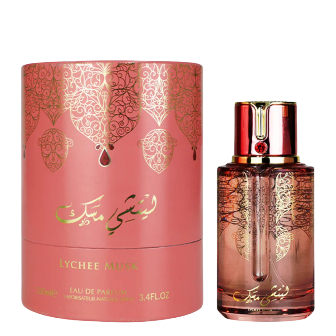 Lychee Musk Perfume by Arabiyat Prestige Eau de Parfum 100ml – luxurious pink and gold perfume bottle with matching ornate cylindrical box, exotic fruity fragrance for women.