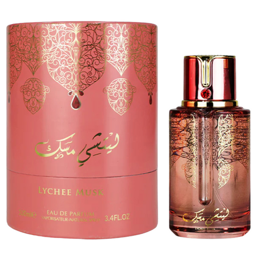 Lychee Musk Perfume by Arabiyat Prestige Eau de Parfum 100ml – luxurious pink and gold perfume bottle with matching ornate cylindrical box, exotic fruity fragrance for women.