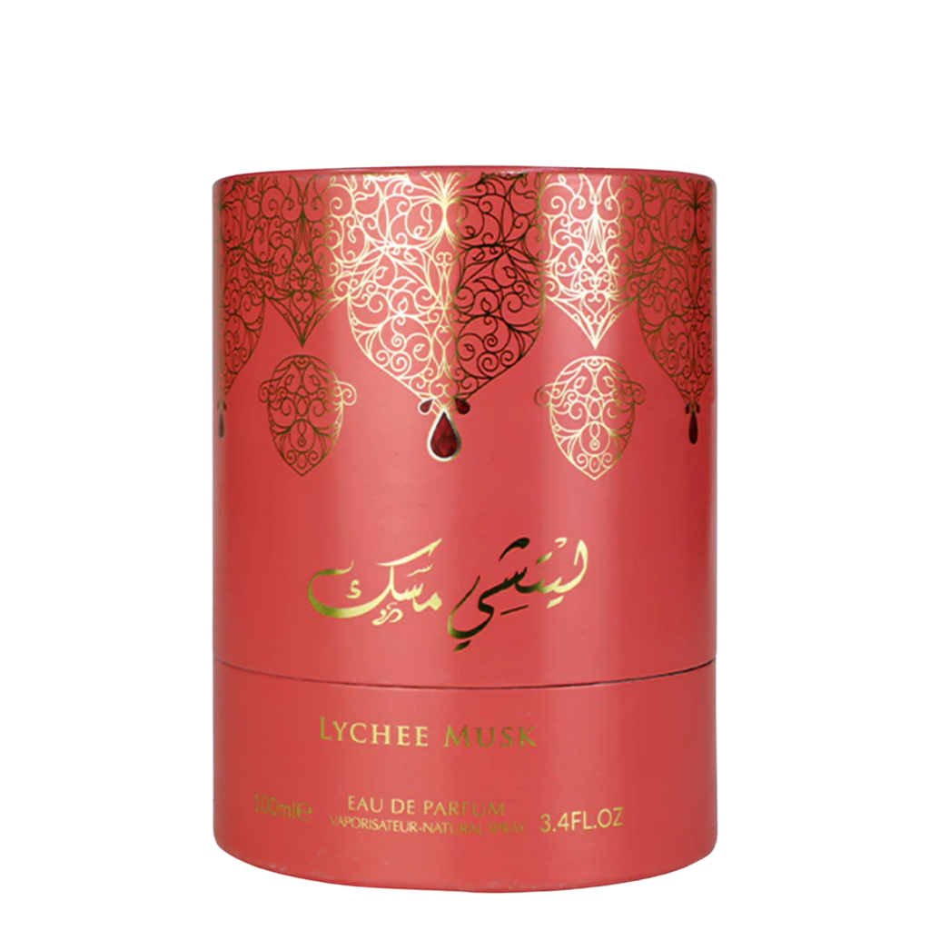 Lychee Musk perfume packaging by Arabiyat Prestige – cylindrical pink and gold luxury box for 100ml Eau de Parfum, exotic fruity and musky fragrance.