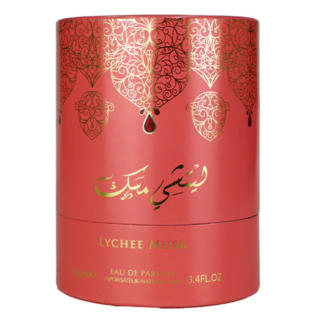 Lychee Musk perfume packaging by Arabiyat Prestige – cylindrical pink and gold luxury box for 100ml Eau de Parfum, exotic fruity and musky fragrance.