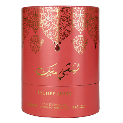 Lychee Musk perfume packaging by Arabiyat Prestige – cylindrical pink and gold luxury box for 100ml Eau de Parfum, exotic fruity and musky fragrance.